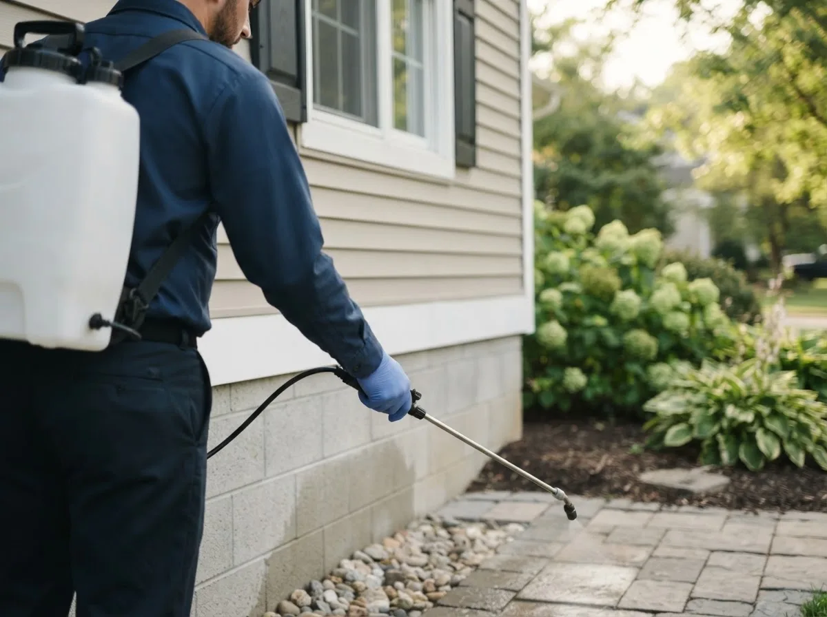 Pest control technician inspecting a home in Elizabethtown, IL
